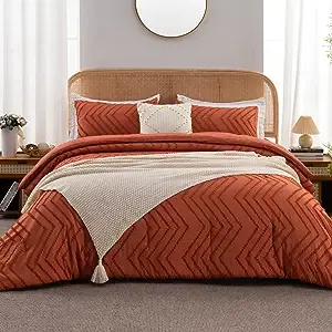 Litanika Burnt Orange Queen Comforter Set, Fall Boho Terracotta Lightweight Fluffy Bedding Comforter Set for Bed, 3 Pieces Rust Down Alternative Comforter Bed Set Gift Choice