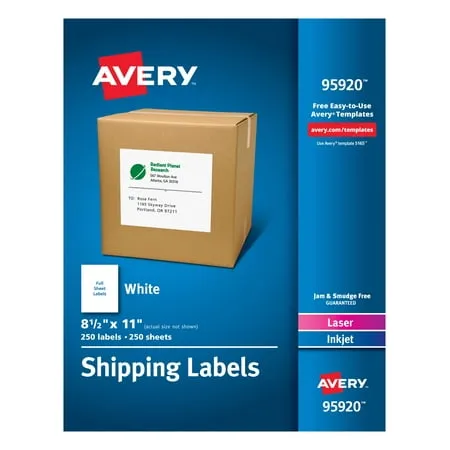 Avery Full Sheet Printable Shipping Labels, 8.5" x 11", White, 250 Blank Mailing Labels (95920)