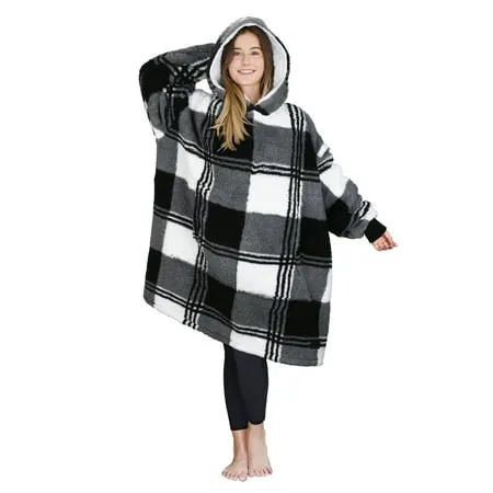 Tirrinia Plaid Black Oversized Hoodie Blanket Sweatshirt Comfortable Sherpa Giant Wearable Blankets Gift for Adults Men Women Teenagers Wife Girlfriend