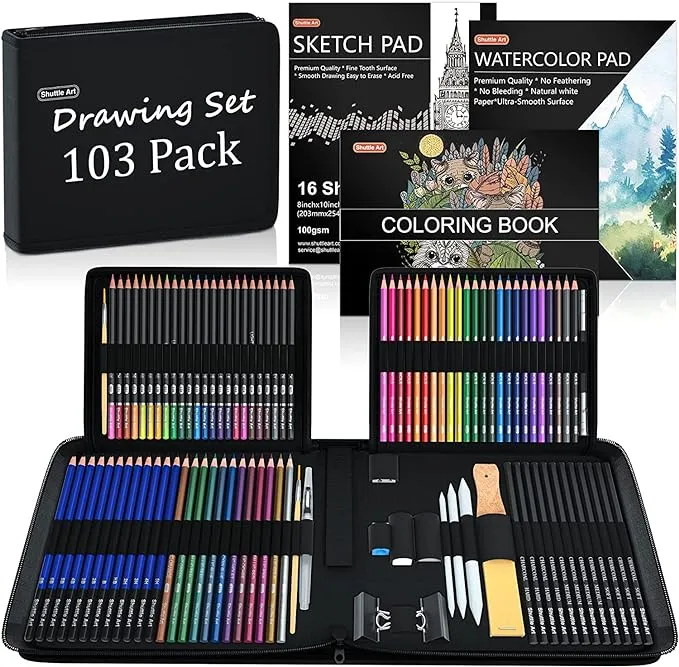 Drawing Kit, Shuttle Art 103 Pack Drawing Pencils Set, Sketching and Drawing Art Set with Colored Pencils, Sketch and Graphite Pencils in Portable CAS