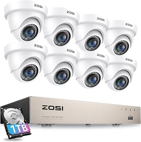 ZOSI 8CH 1080P Security Camera System with Hard Drive 1TB,H.265+ 8 Channel 5MP Lite HD-TVI DVR Recorder and 8pcs 1920TVL Weatherproof CCTV Dome Cameras Indoor Outdoor, 80ft Night Vision,Remote Access