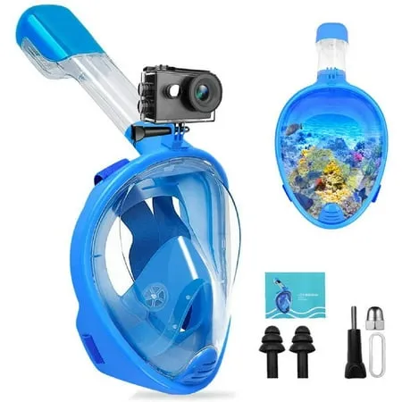 QingSong Full Face Snorkel Mask for Adults, Snorkeling Gear with Camera Mount, 180 Degree Panoramic View Snorkel Set Anti-Fog Anti-Leak