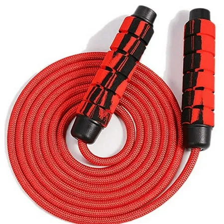 NOGIS Exercise Jump Rope for Fitness Workout (Red)-Adjustable Length Weighted Cotton Rope Soft Foam Handle Tangle-Free Double Ball Bearing Rapid Speed Jump Rope for Women Men Kids