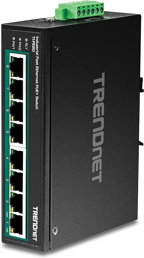 TRENDnet 8-Port Industrial Fast Ethernet PoE+ DIN-Rail Switch,TI-PE80,8 x Fast Ethernet PoE+ Ports,IP30 Network Unmanaged Switch,200W PoE Power Budget, 1.6Gbps Switching Capacity, Lifetime Protection