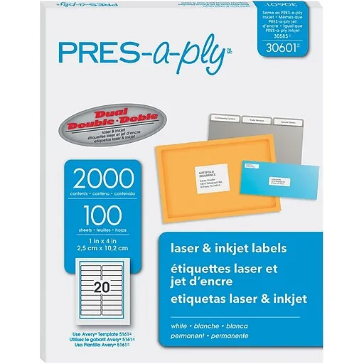 PRES-a-ply Laser Address Labels, 1 x 4, White, 2000-Box