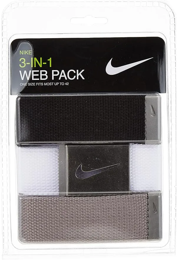 Nike Men's 3 Pack Golf Web Belt, White/Gray/Black, One Size