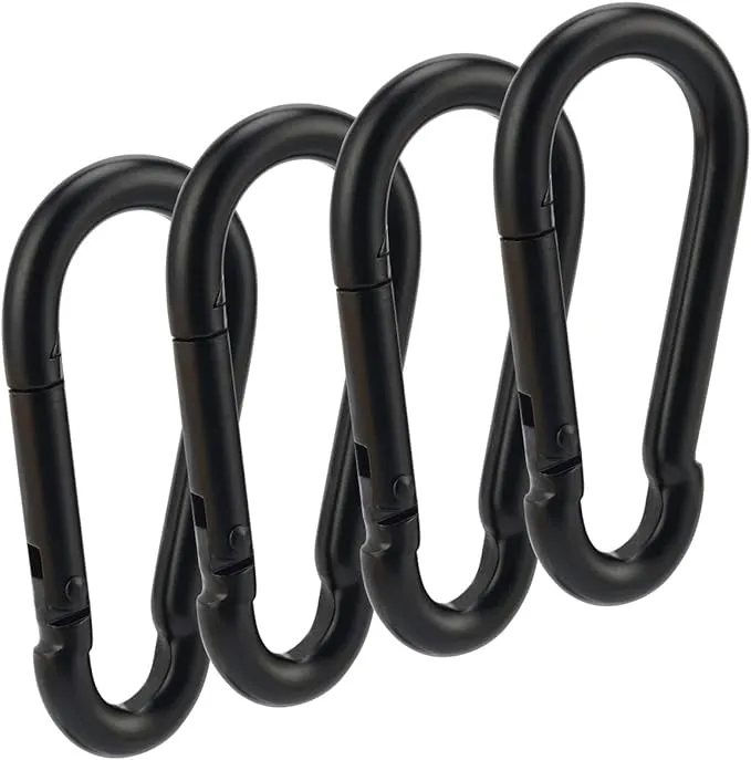 OWAYOTO Carabiner 3 inch Black Spring Snap Hook Steel Clip Link Buckle Heavy Duty 8x80mm 4pcs for Outdoor Camping Hiking Hammock Swing