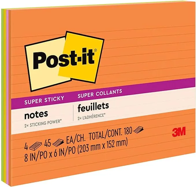 Post-it Super Sticky Lined Notes, 4 Sticky Note Pads, 8 x 6 in., School Supplies, Office Products, Sticky Notes for Vertical Surfaces, Monitors, Walls and Windows, Energy Boost Collection