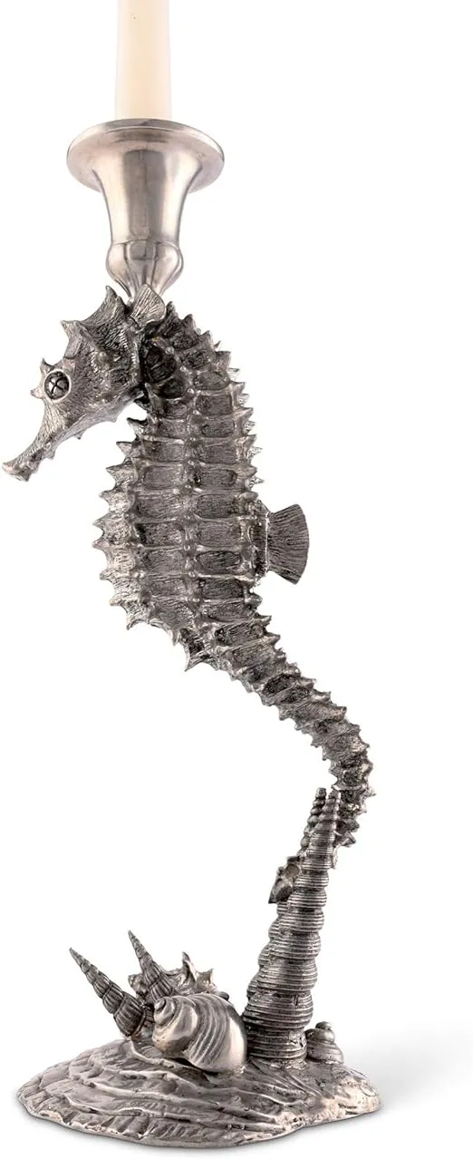 Pewter Seahorse Candlestick Holder Tall Centerpiece Display