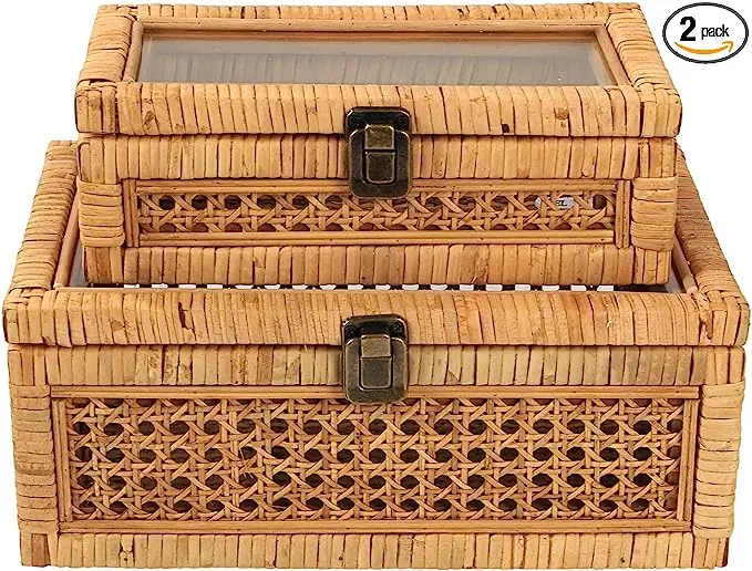 Rattan Decorative Box with Lid, Rectangular Woven with Glass for Display, Set of 2 Wicker for Decor