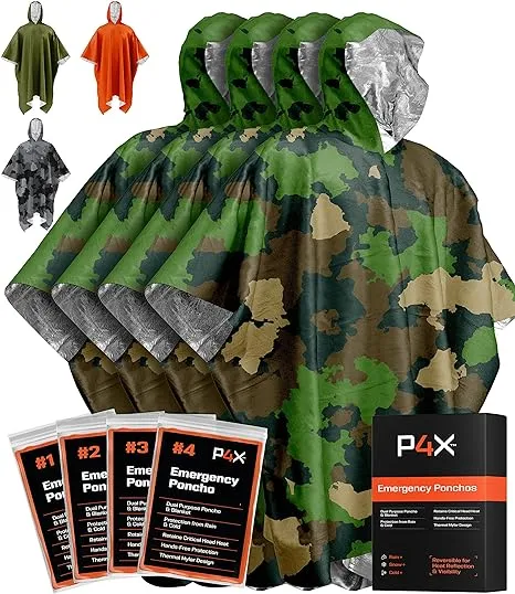 PREPARED4X Emergency Rain Poncho with Mylar Blanket Liner - Survival Blankets for Car - Heavy Duty, Waterproof Camping Gear