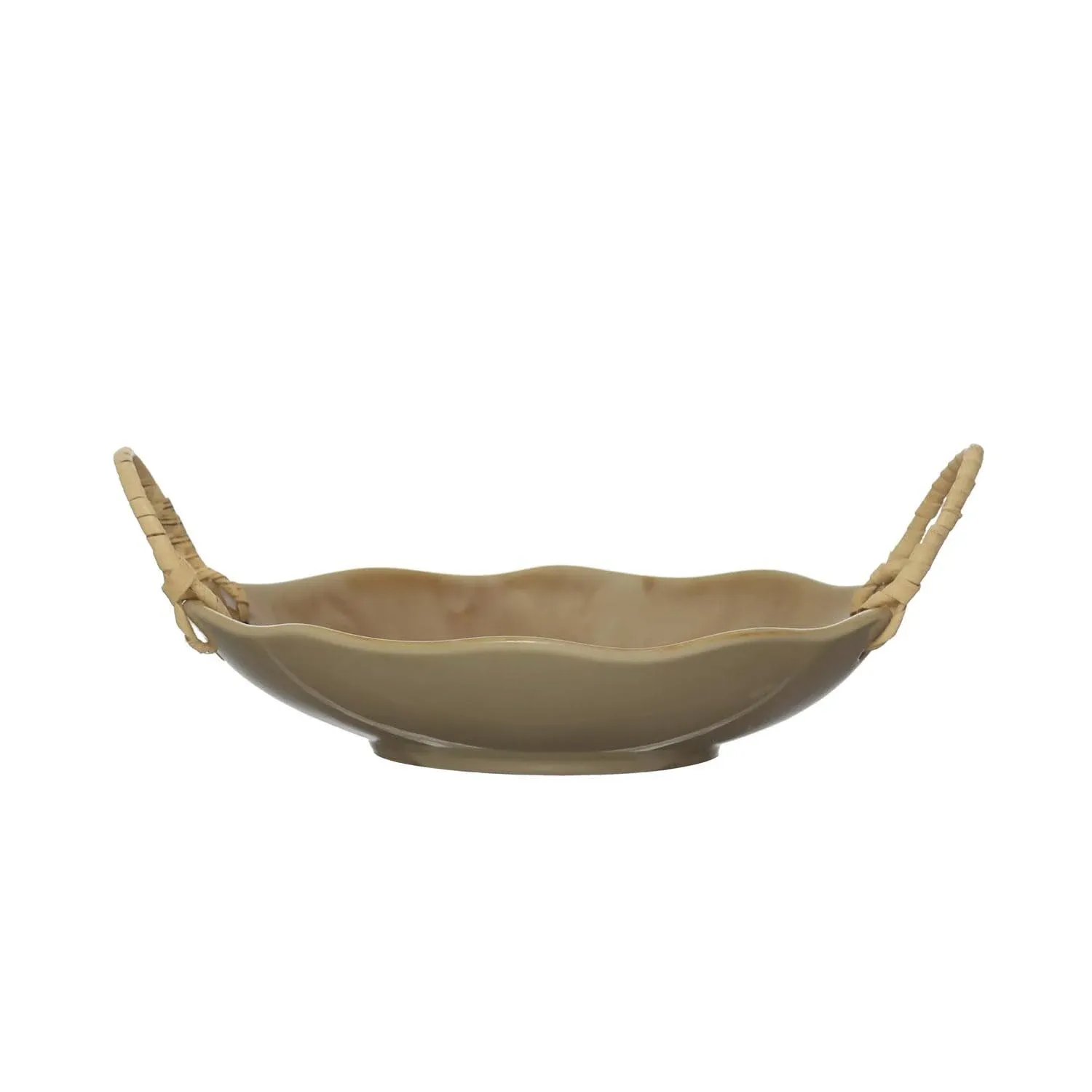 Creative Co-op Stoneware Bowl with Rattan Wrapped Handles, Reactive Crackle Glaze