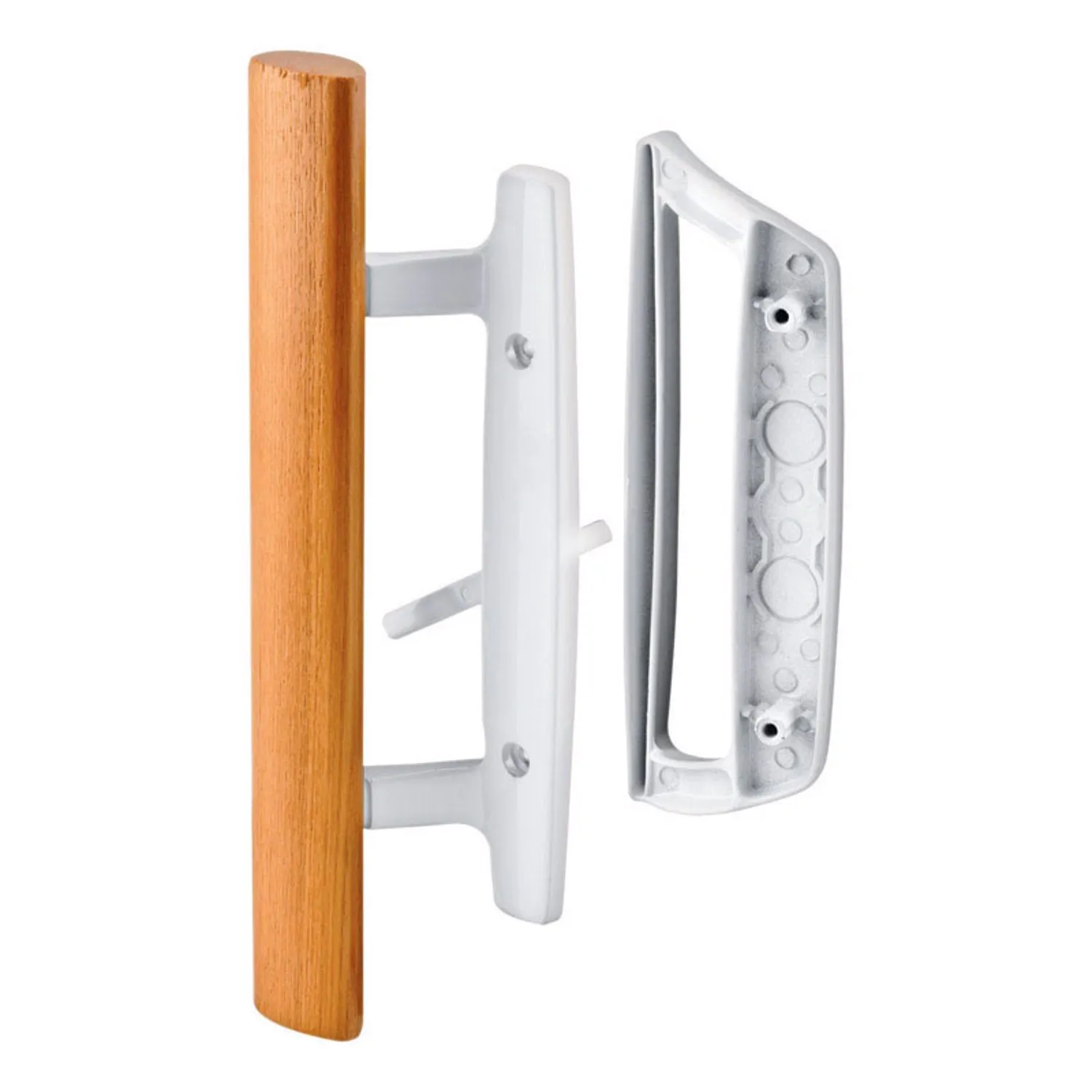 Mortise Style Reversible Sliding Patio Door Handle Set with Oak Wood Interior Handle and Exterior Pull in White Diecast Finish Fits 3-15/16” Screw Hole Spacing, Non-keyed with Latch Locks (White)