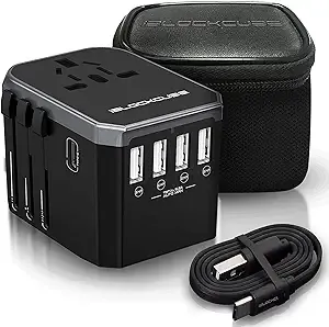 iBlockCube Universal Travel Adapter AC Power Plug with International Socket | 4 USB 5.6A + 1 Type-C 3.0A Multiple Electrical Ports for US EU AU UK up to 150+ Countries Worldwide Type A G I (Silver)