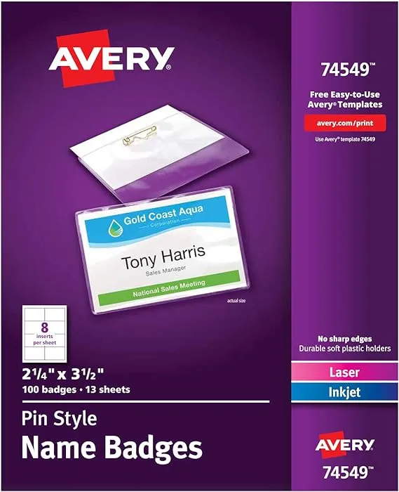 Avery Pin Style Top-Loading Name Badges, 2.25 x 3.5 Inches, White, Box of 100 (74549)