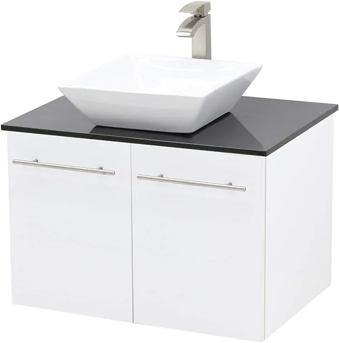 Wall Mount Floating Bathroom Vanity Sink Set, White Embossed Texture Vanity, Black Flat Stone Countertop Ceramic Sink - 30"