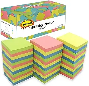 Sticky Notes 3x3, Self-Stick Notes, 36 Pads, 100 Sheets/Pad, Assorted Colors Stickies, Easy to Post Notes for Study, Works, Daily Life (36)