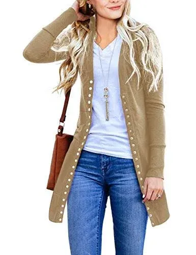 MEROKEETY Women&#039;s 2023 Fall Long Sleeve Snap Button Down Solid Color Knit Ribbed