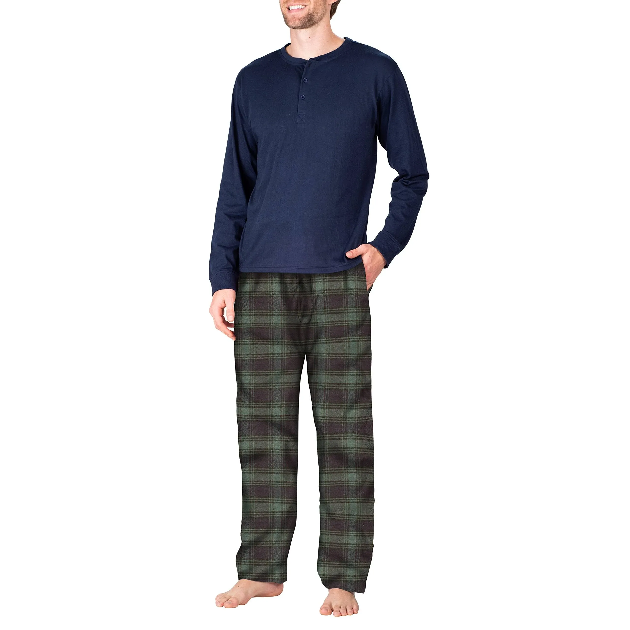 SLEEPHERO Men's Long Sleeve Flannel Pajama Set Navy with Green and Navy Plaid Small