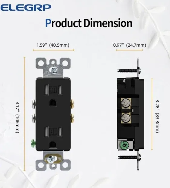 ELEGRP Matte Black Standard Decorator Electrical Wall Receptacle Outlet, 15A 125V, 2 Pole 3 Wire, Non- Tamper Resistant, NEMA 5-15R, Self-Grounding, Wall Plate Included, UL Listed, 50 Pack