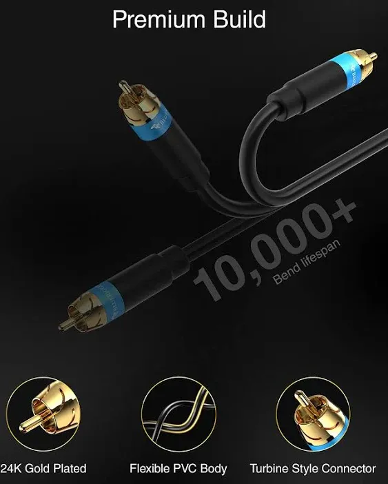 BlueRigger RCA Audio Subwoofer Cable (50FT, Dual Shielded, Gold Plated RCA to RCA Connectors) – for Subwoofer, Amplifier, Home Theater