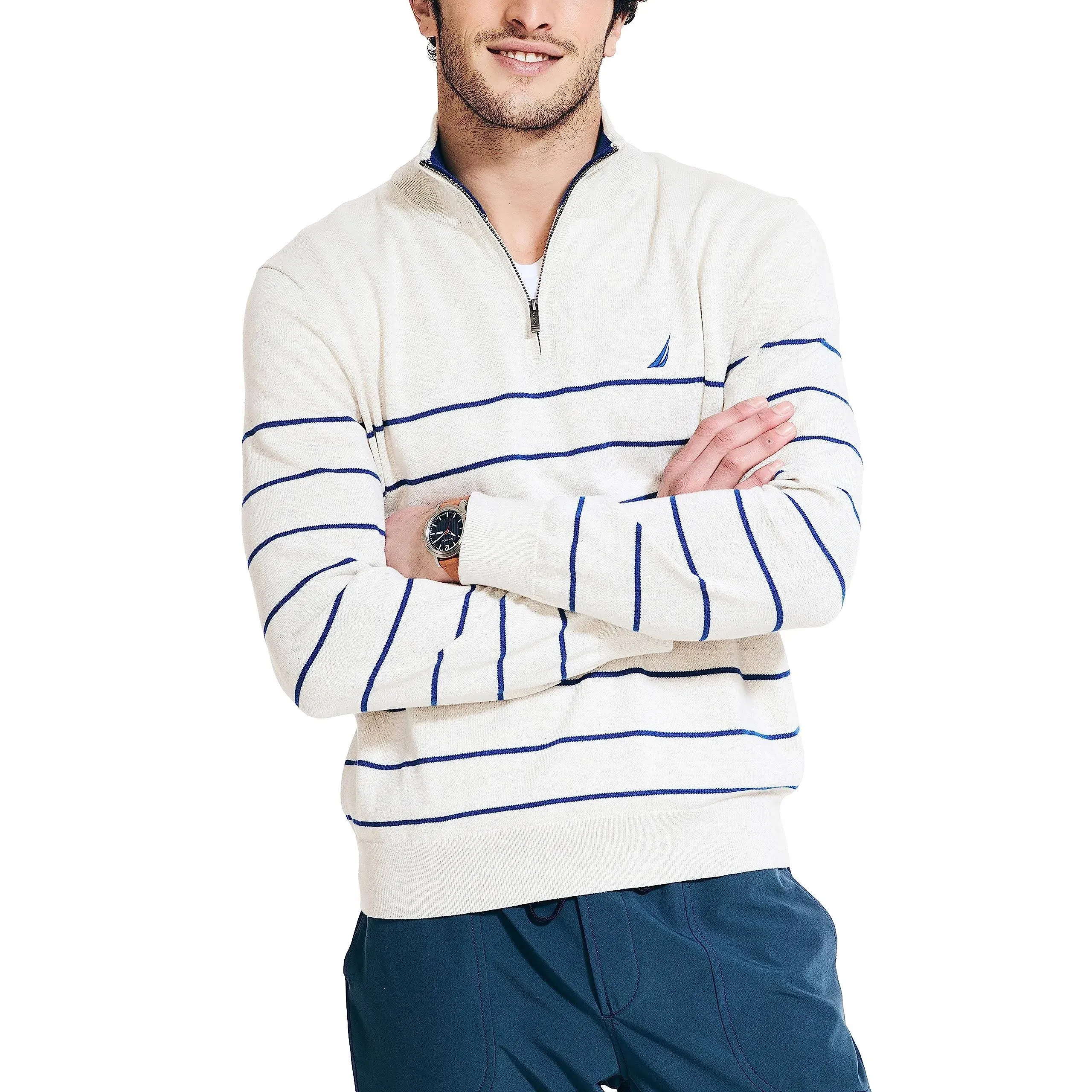 Nautica Men's Navtech Striped Quarter-Zip Sweater, 2X-Large, Cotton