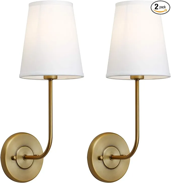 Pathson Set of 2 Industrial Wall Sconces White Fabric Shade, Vintage Bathroom Wall Light Fixtures Decor for Bedroom Living Room, Brass Finish Sconces (Antique)