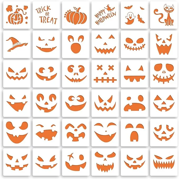 36 Pieces Halloween Drawing Stencils, 6 Inch Plastic Reusable Pumpkin Faces Painting Stencil for DIY Pumpkin Carving, Wood, Walls Art and Halloween Decoration