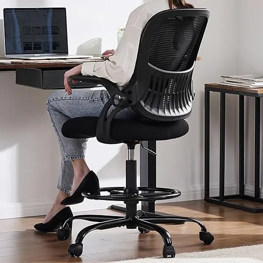 SMUG Drafting Chair Tall Office Chair, Tall Standing Desk Chair Counter Height Tall Adjustable Office Chair with Flip-up Arms, Grey