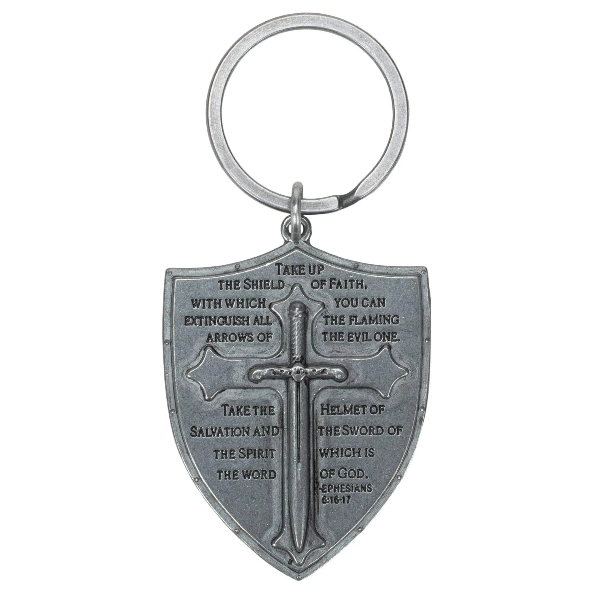 Roman Armor Cross Shield Inspirational Silver Tone 3.5 inch Zinc Metal Key Chain