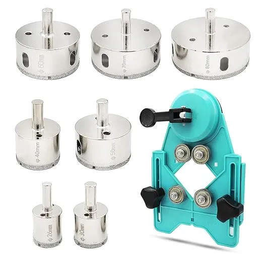 8Pcs Tile Hole Saw Set,Diamond Drill Bit Hole Saw with Hole Saw Guide Jig Fixture, Suitable for Ceramic, Glass, Tile, Porcelain, Marble(26mm-80mm)