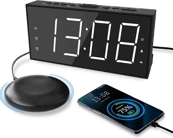 Loud Alarm Clock With Bed Shaker - Dual Alarm - 7.5" Display - Usb