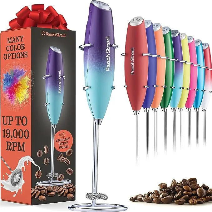 Powerful Handheld Milk Frother, Mini Milk Foamer, Battery Operated (Not included) Stainless Steel Drink Mixer with Stand for Coffee, Lattes, Cappuccino, Frappe, Matcha, and Hot Chocolate. (Red/White)Powerful Handheld Milk Frother, Mini Milk Foamer, B…