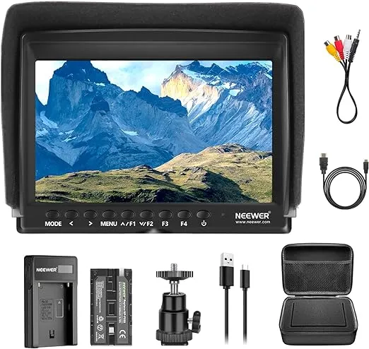 Neewer F100 7 Inch Camera Field Monitor HD Video Assist Slim IPS 1280x800 HDMI Input 1080p with 2600mAh Li-ion Battery/USB Charger，Carrying Case for DSLR Cameras, Stabilizer, Film Video Making Rig