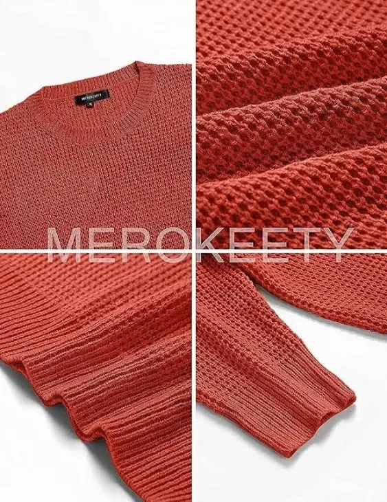 MEROKEETY Women&#039;s Long Sleeve Waffle Knit Sweater Crew Neck Solid Color Pullover