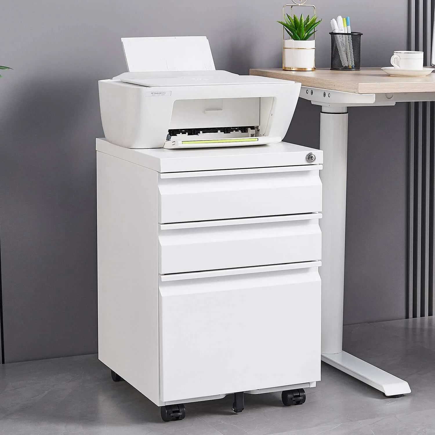 3 Drawer Mobile Locking File Cabinet, Rolling Filing Cabinet for Letter/A4 Size With 5 Wheels/White