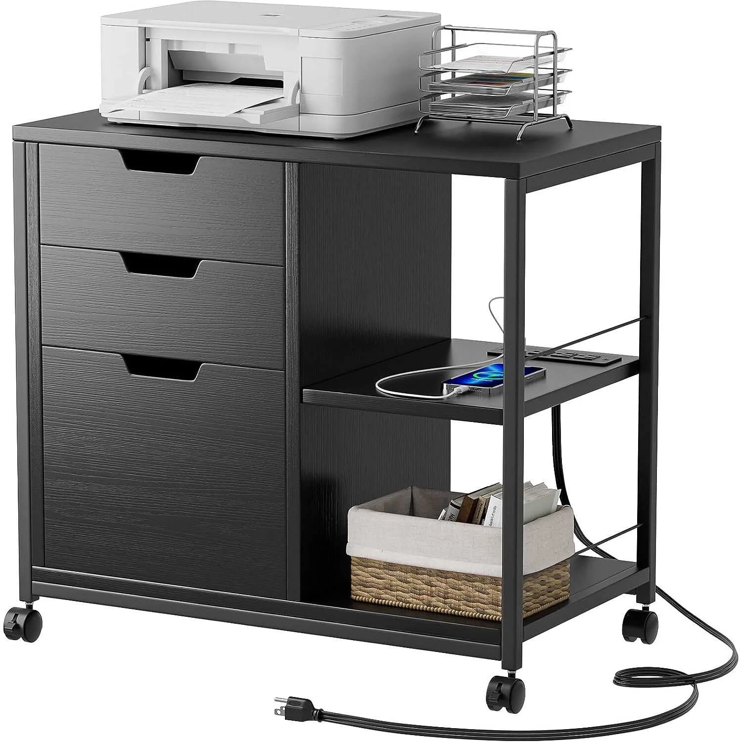 3 Drawer Mobile File Cabinet with Charging Station Lateral Storage