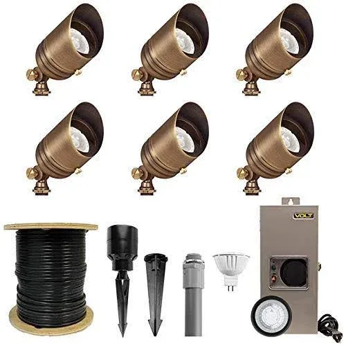 VOLT 12V Brass Fat Boy LED Outdoor Spotlight 6-Pack Kit (Bronze) with 150W Low Voltage Transformer for Landscape Lighting