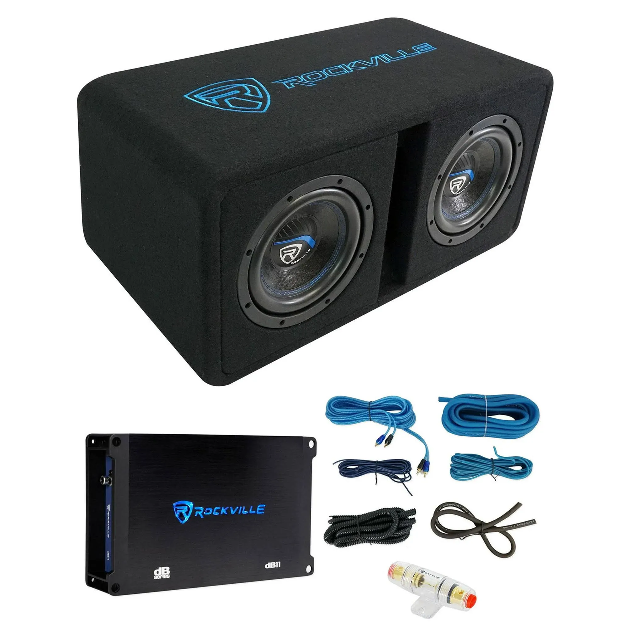 Rockville Dk58 Package Dual 8" 1600W Loaded K5 Car Subwoofer Enclosure+DB11 Amp, Black