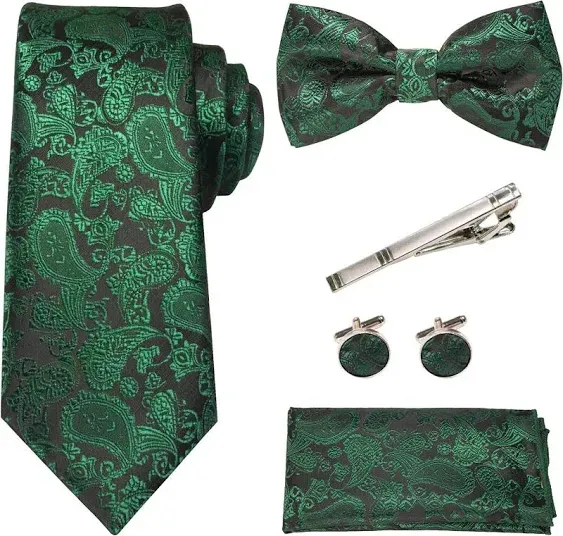 RBOCOTT Solid Color Paisley Tie and Bow Tie with Pocket Square and Tie Clip Cuff