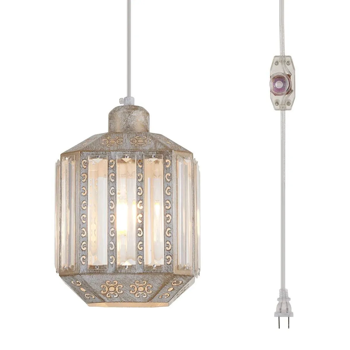 Boho  Crystal Rustic  White Swag Lantern  Pendant Light  Plug in 16.4 FT Dimmer