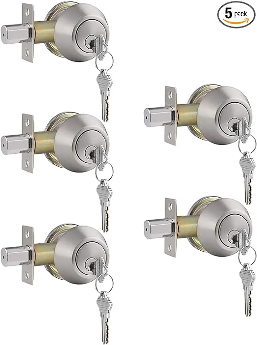 Gobrico 5 Pack Satin Nickel Keyed-Alike Single Cylinder Deadbolts Keyed on One Side Door Locksets with Same Key