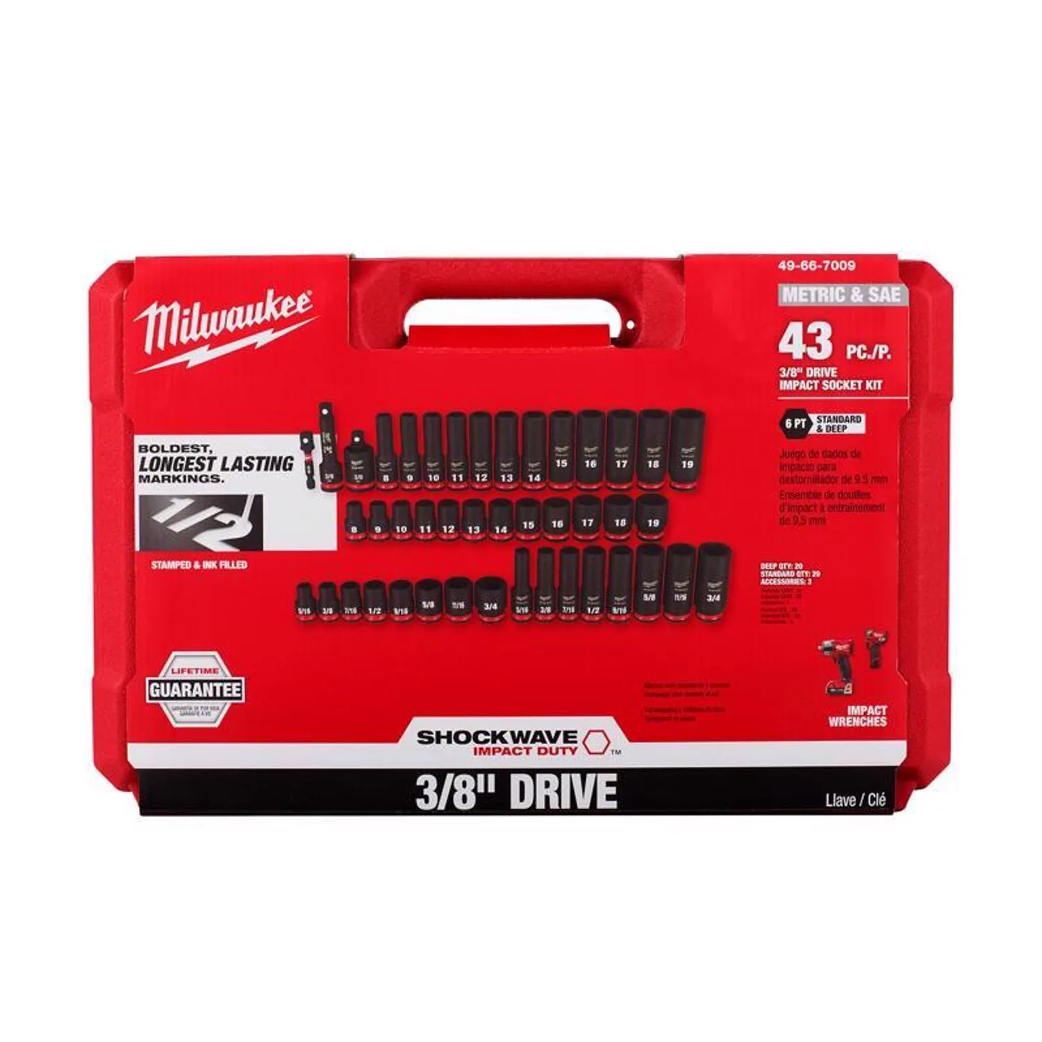 Milwaukee 49-66-7009 43PC SHOCKWAVE Impact Duty 3/8" Drive SAE & Metric Deep 6 Point Socket Set