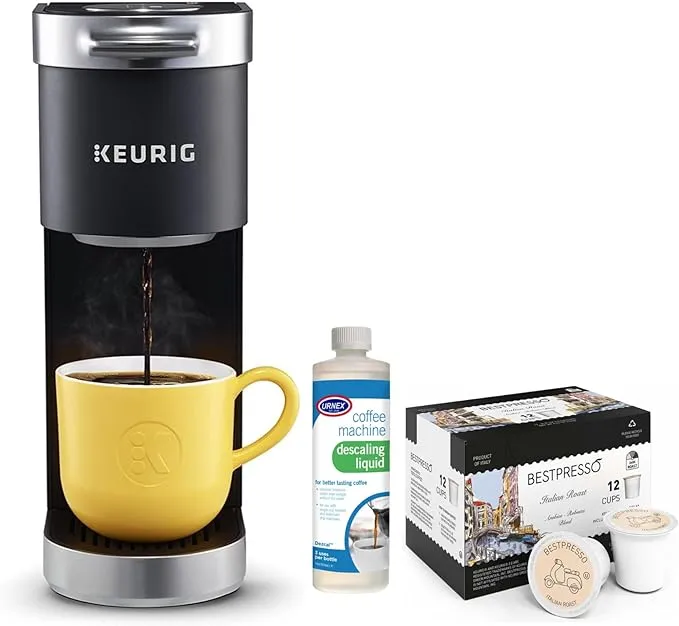 Keurig K-Mini Plus Single Serve Coffee Maker with K-Cup Pod Storage (Black) Bundle with Descaling Liquid and 12-Count Italian