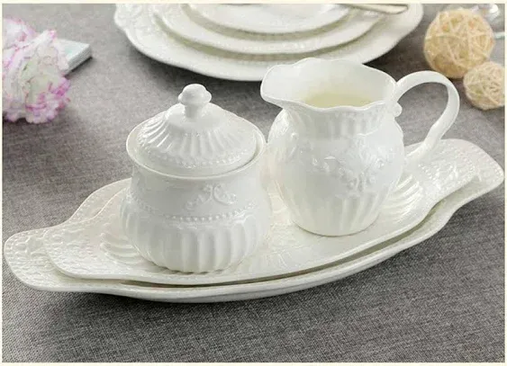 Relief White Ceramic Creamer And Sugar Bowl Set Coffee Serving Set