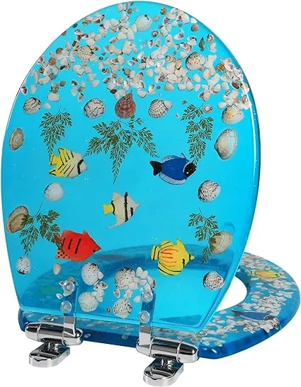 Resin Toilet Seat Round Soft Close Quick Release Heavy Duty Toilet Seats with Clear Seashells Cover Acrylic Seats Ocean Series 17 Inch