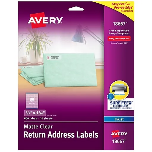 Avery Easy Peel Inkjet Return Address Labels, 2/3" x 1-3/4", Clear, 80 Labels/Sheet, 10 Sheets/Pack, 800 Labels/Pack (18667)