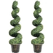 GOPLUS 4 Ft Artificial Boxwood Spiral Topiary Tree, Fake Greenery Plants, Leaves & Cement-Filled Plastic Flower Pot Decorative Trees for Porch Home Office Indoor Outdoor