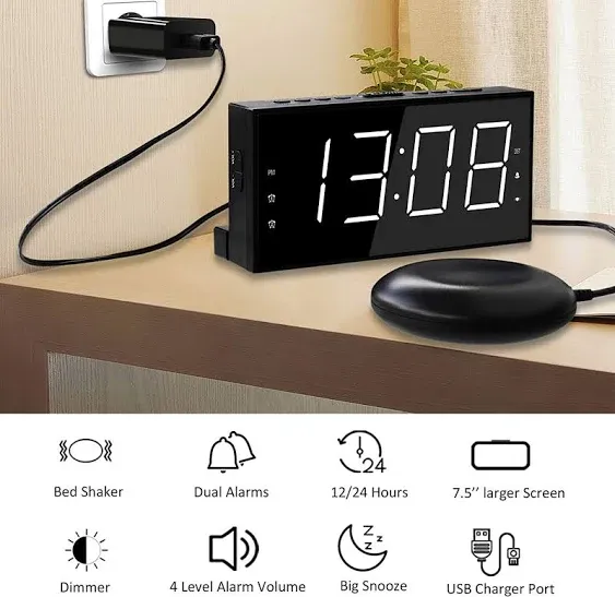 Super Loud Alarm Clock with Bed Shaker, Vibrating Alarm Clock for Heavy Sleepers Hearing Impaired Deaf Teens, Dual Clock with 7.5’’ Large Display, USB Charger, Dimmer, Snooze & Battery Backup