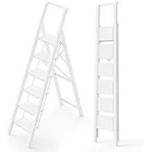 WOA WOA 6 Step Ladder, Lightweight Folding ladders with Wide Pedals, Slim Stepladder for Narrow Spaces, Tall Ladder for High Ceilings with Handrails, Kitchen Aluminum Ladder 300lbs - White